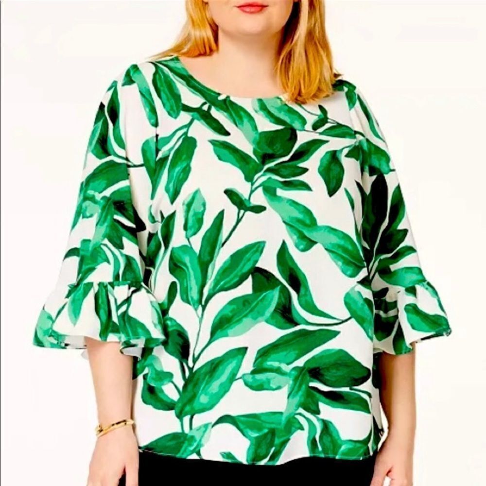 Alfani Luxe Jungle 3/4 Ruffle Bell Sleeve‎ Leaf Print Blouse 2X